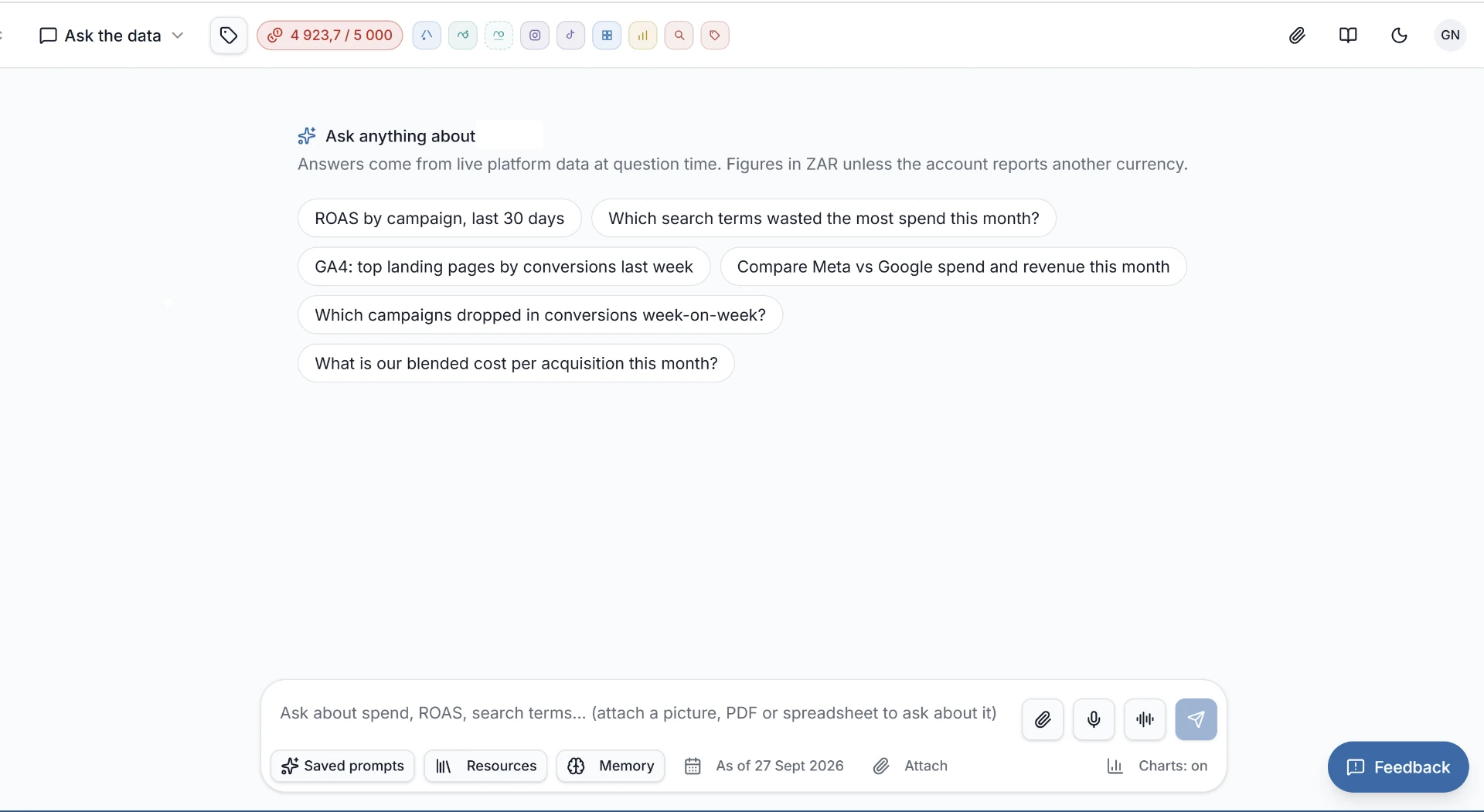 GoGee Ask the data screen showing suggested questions about live marketing performance