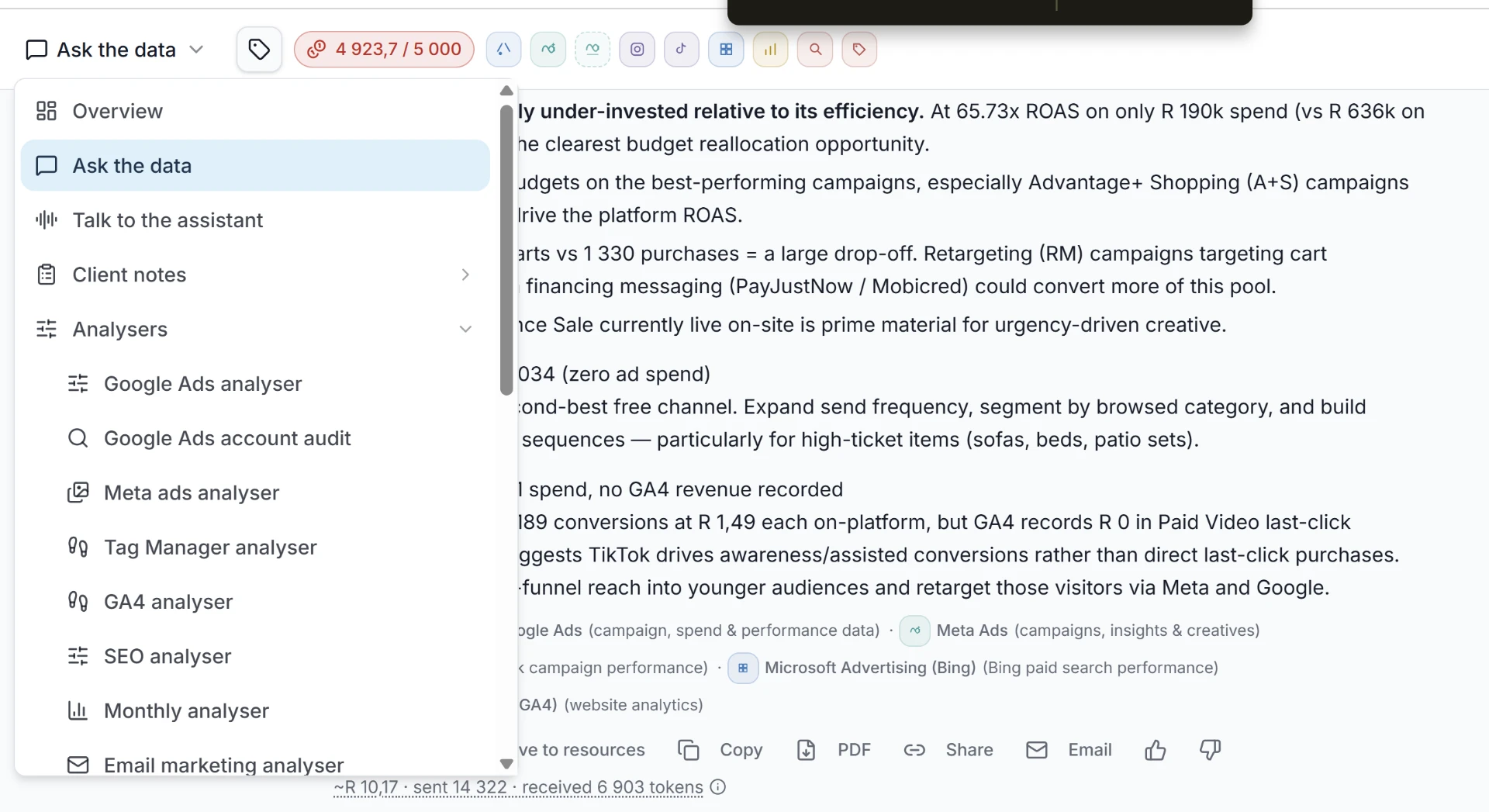 GoGee analyser menu showing Google Ads, Meta Ads, Tag Manager, GA4, SEO and reporting analysers
