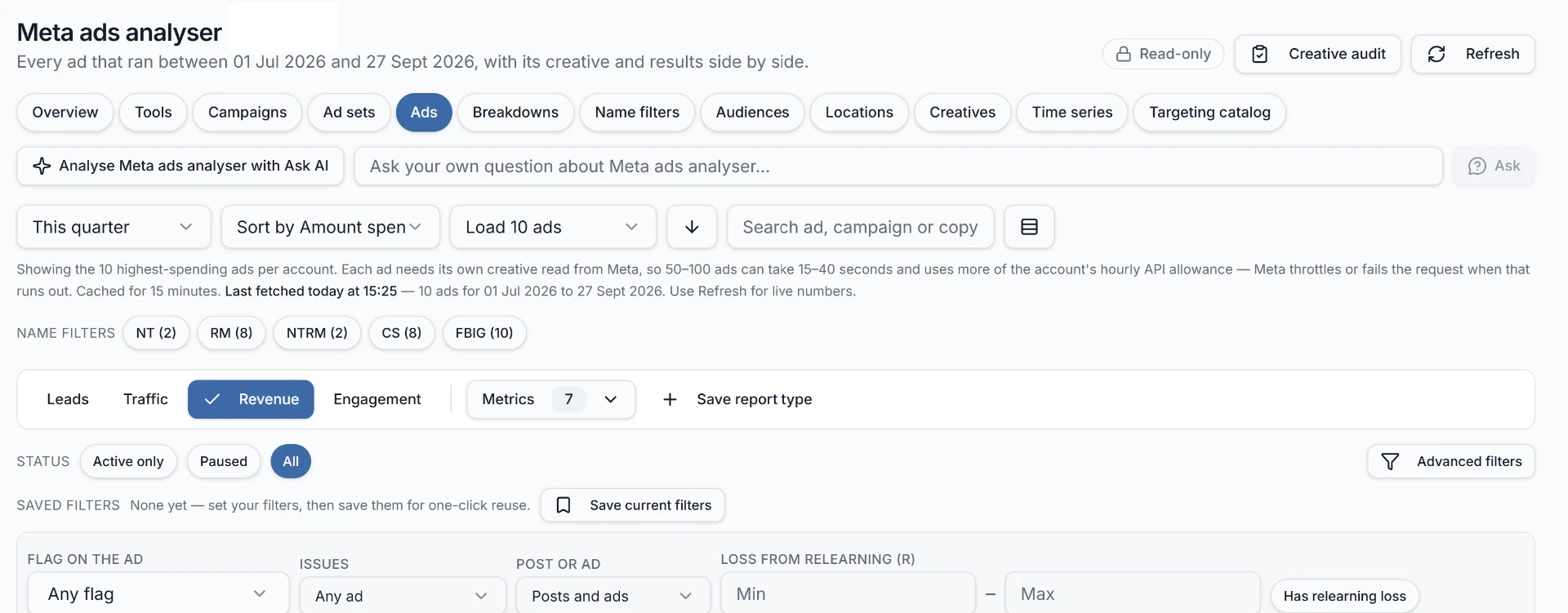 GoGee Meta ads analyser showing campaign, ad set, creative and revenue analysis controls