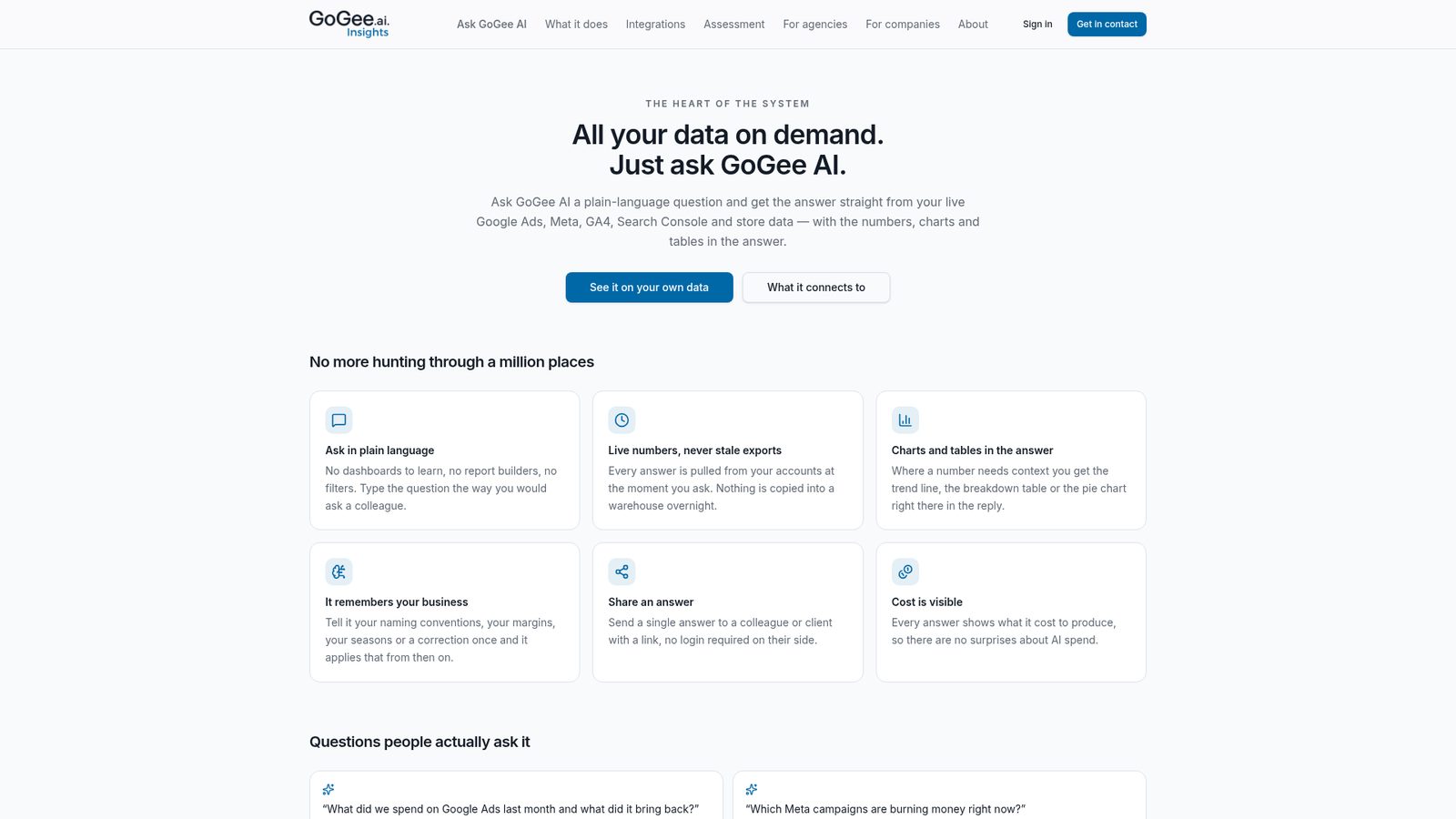 Ask GoGee AI, asking plain-language questions and getting answers from live marketing data