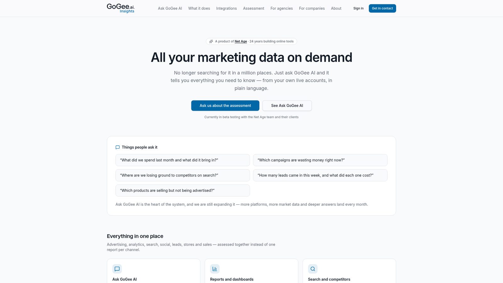 The GoGee.ai Insights home page showing all marketing data available on demand